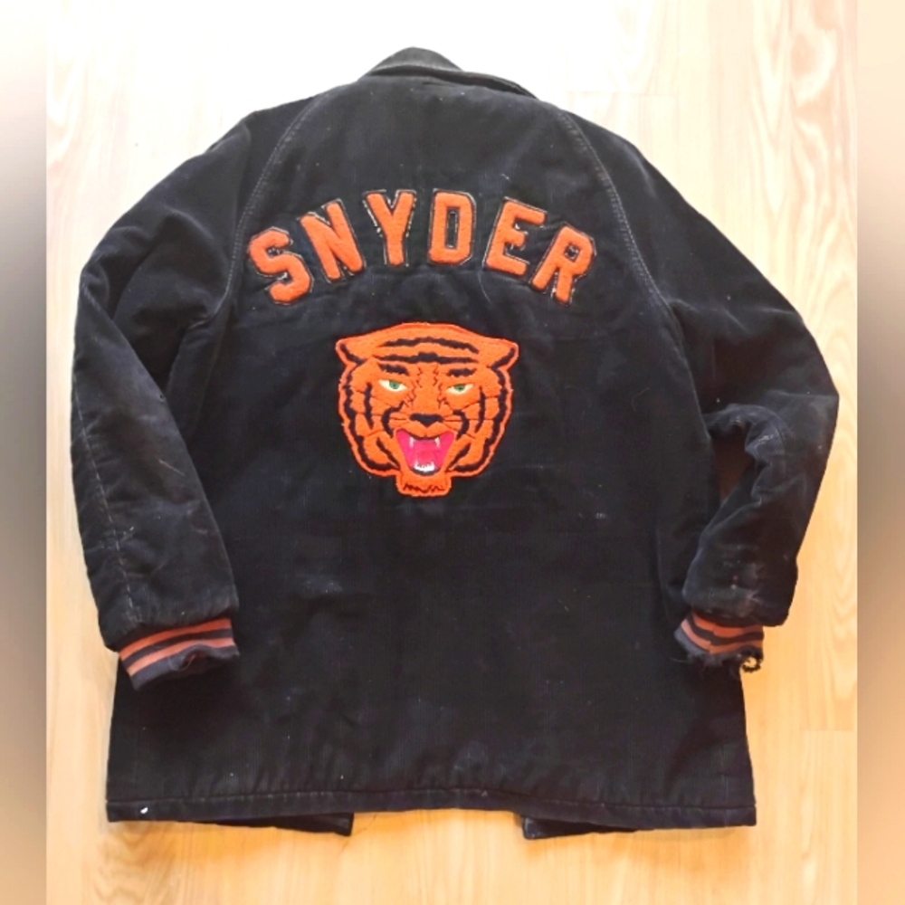Vintage 40s Black Corduroy Orange Tiger Varsity Jacket USA Large